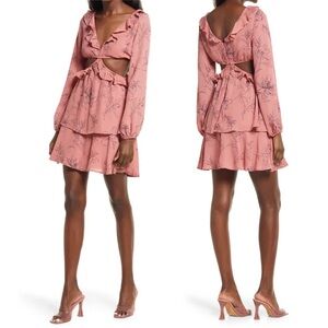 NEW Nordstrom Cut Out Long Sleeve Ruffle Mini‎ Dress Pink Floral Size XS Boho